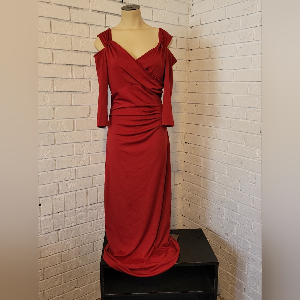 Red Cold-Shoulder Ruched Gown